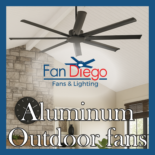 Aluminum outdoor ceiling fan in a living room with the Fan Diego logo.