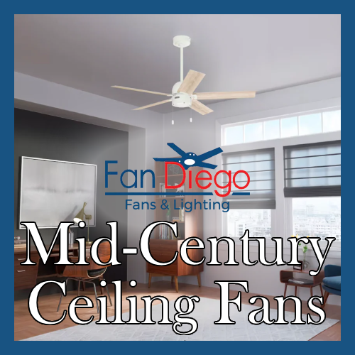 modern room with mid century fan and wooden furniture