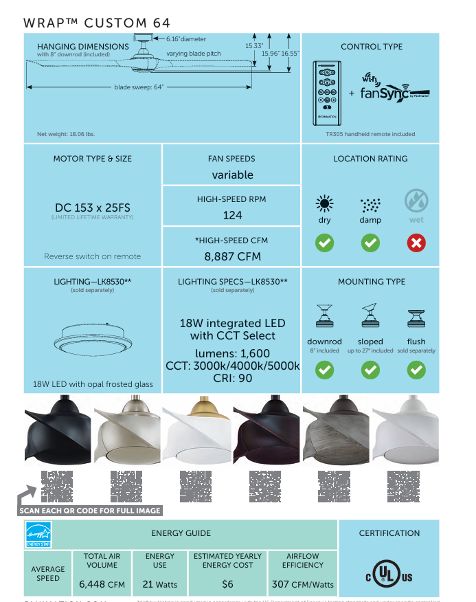Fanimation Wrap 64" DC Indoor/Outdoor Mix & Match Ceiling Fan with Remote Control