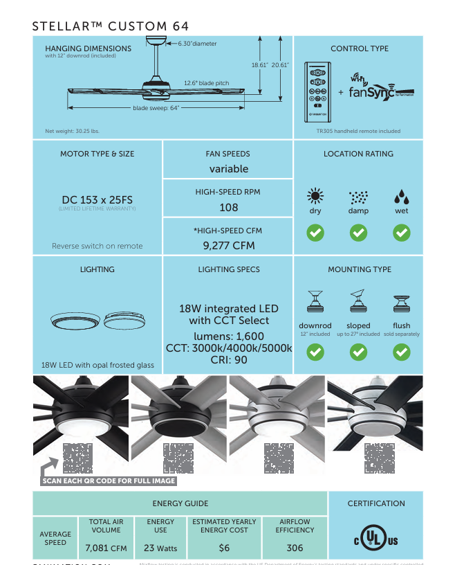 Fanimation Stellar 64" Indoor/Outdoor DC Mix & Match Ceiling Fan with 18W LED Light and Remote Control