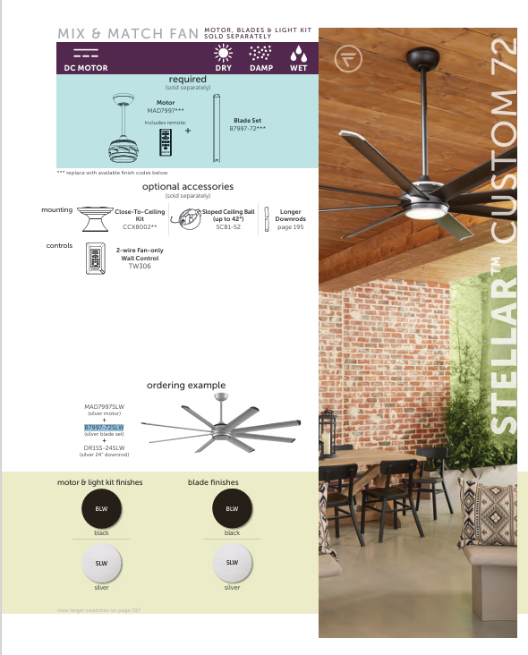 Fanimation Stellar 72" Indoor/Outdoor DC Mix & Match Ceiling Fan with 18W LED Light and Remote Control