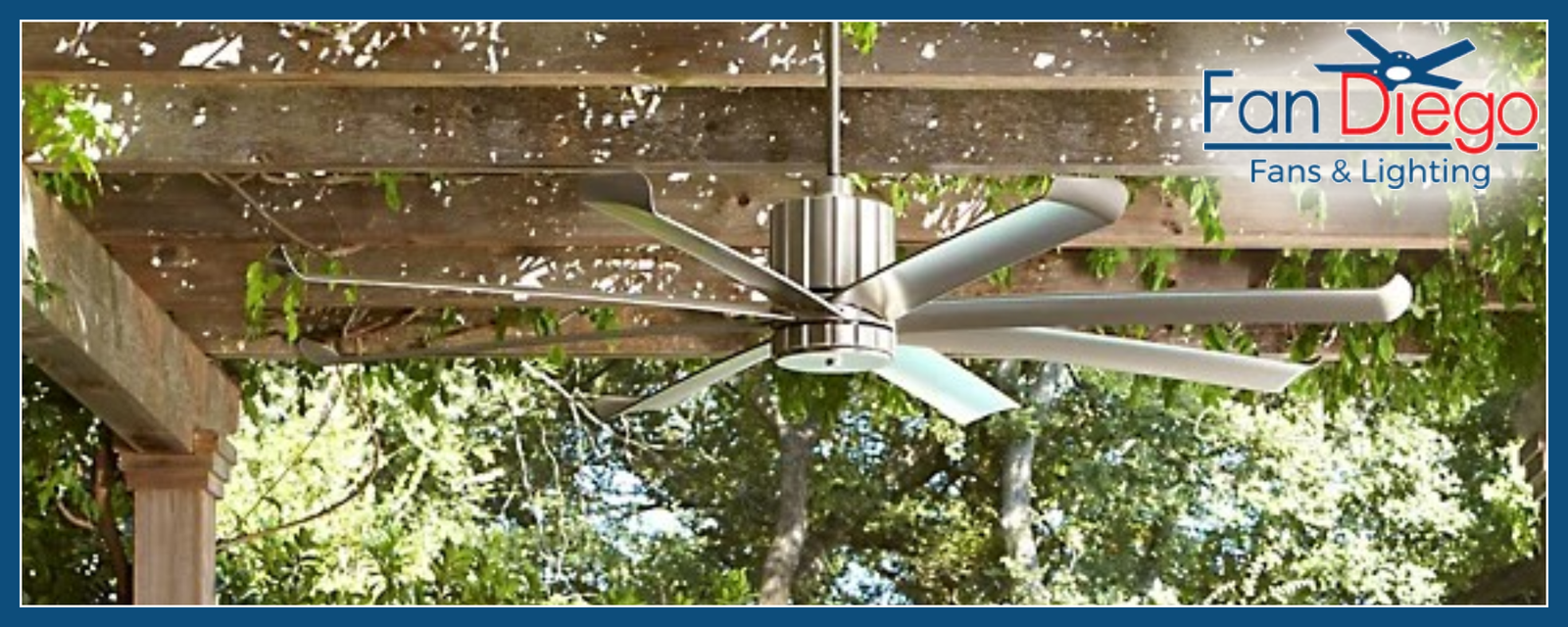 Ceiling fan hanging from a wooden pergola with 'Fan Diego' branding.