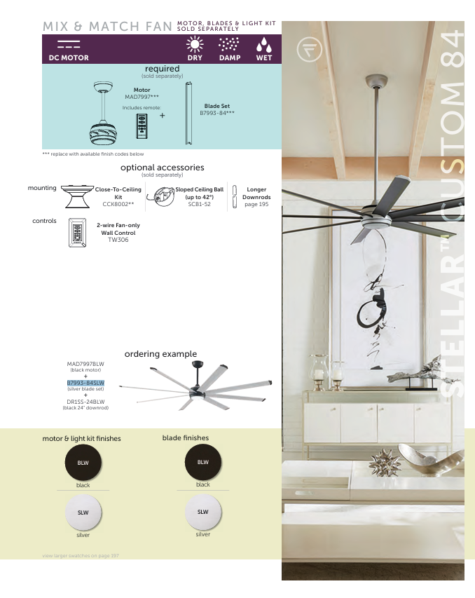 Fanimation Stellar 84" Indoor/Outdoor DC Mix & Match Ceiling Fan with 18W LED Light and Remote Control