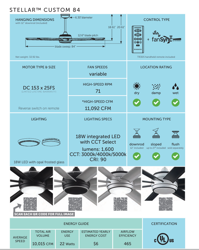 Fanimation Stellar 84" Indoor/Outdoor DC Mix & Match Ceiling Fan with 18W LED Light and Remote Control