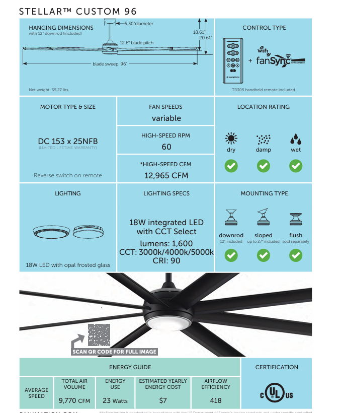 Fanimation Stellar 96" Indoor/Outdoor DC Mix & Match Ceiling Fan with 18W LED Light and Remote Control in Black