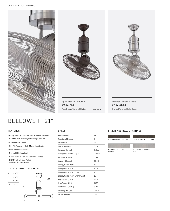 Craftmade Bellows III 21" Rotating Ceiling Fan with Wall Control and Remote