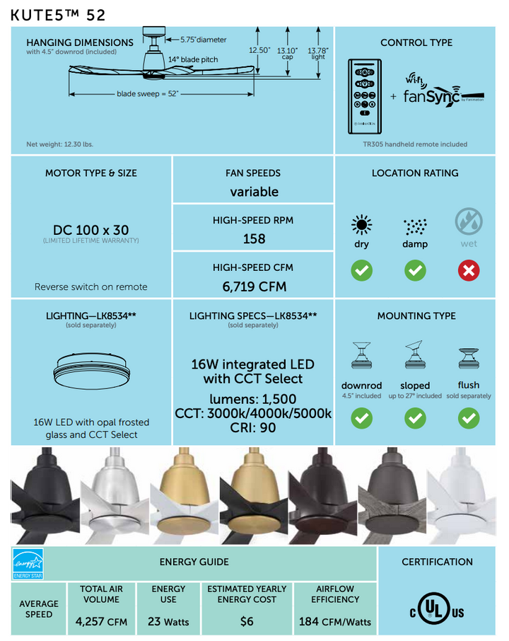 Fanimation Kute5 DC 5 Blade 52" Ceiling Fan with Remote Control