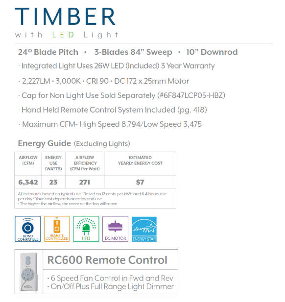 Minka Aire Timber DC Ceiling Fan with 26W LED Dimmable Light and Remote Control