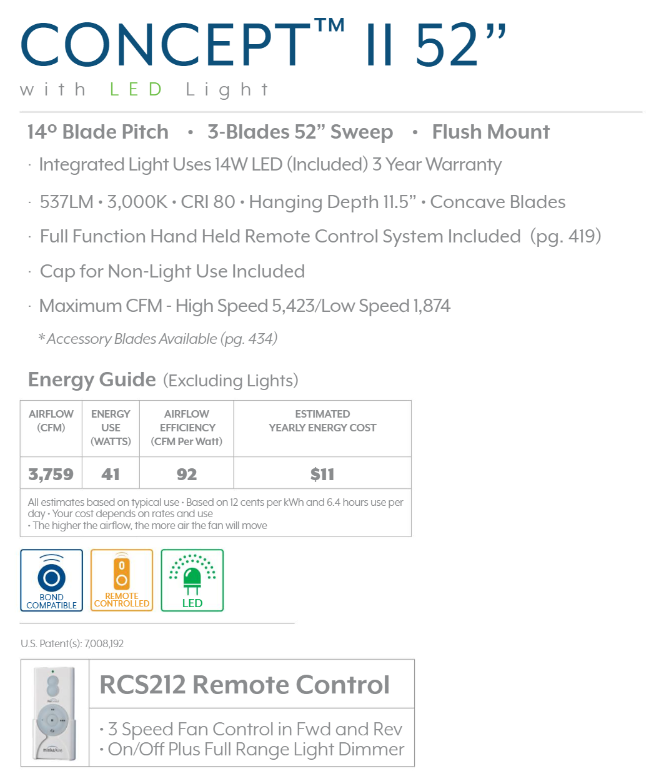 Minka Aire Concept II LED Flushmount Ceiling Fan with Dimmable 14W LED light and Handheld Remote Control