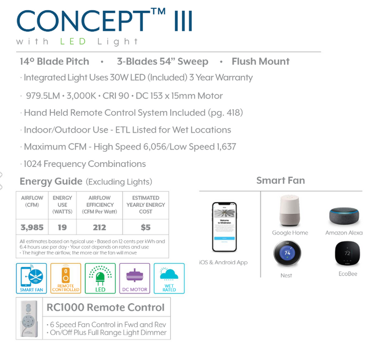 Minka Aire Concept III 54" Outdoor Smart DC Flushmount Ceiling Fan with Remote and 30W LED Light