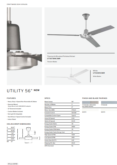 Craftmade Utility 56"  Indoor Hard Wired AC Ceiling Fan