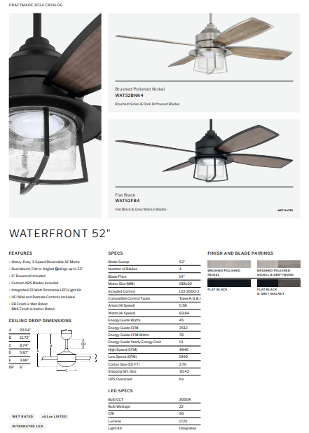 Craftmade Waterfront 52" Indoor/Outdoor AC Ceiling Fan with 22W Dimmable LED Light UCI Wall and Remote Control