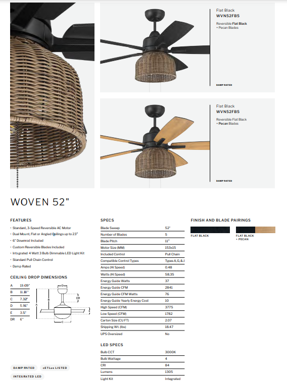 Craftmade Woven 52" Indoor/Outdoor Pull Chain Ceiling Fan with LED in Flat Black