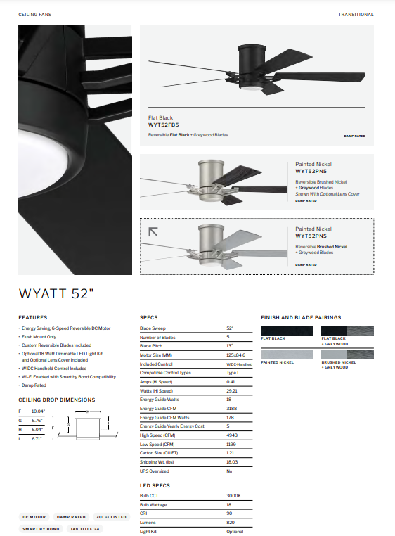 Craftmade Wyatt 52" Smart Indoor/Outdoor Flushmount DC Ceiling Fan with 18W LED and Remote