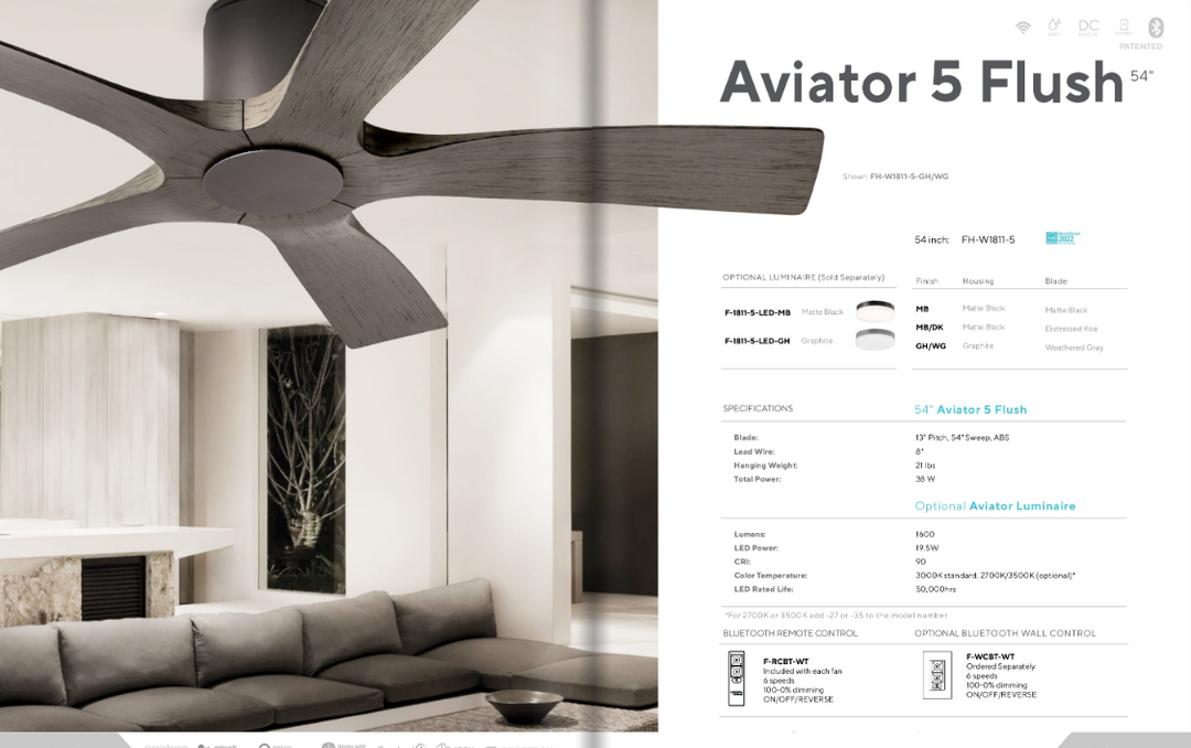Modern Forms Fans Aviator 5 54" Smart Outdoor Flushmount DC Ceiling Fan with 19.5W CCT LED and Remote