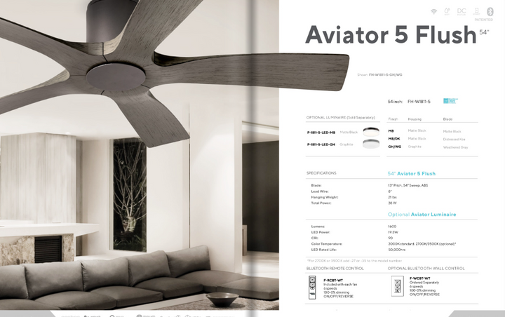 Modern Forms Fans Aviator 5 54" Smart Outdoor Flushmount DC Ceiling Fan with 19.5W CCT LED and Remote