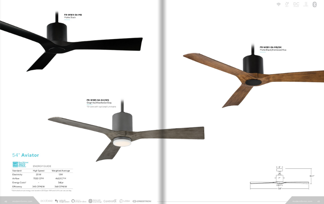 Modern Forms Fans Aviator 54" Smart Outdoor DC Ceiling Fan with 19.5W CCT LED and Remote