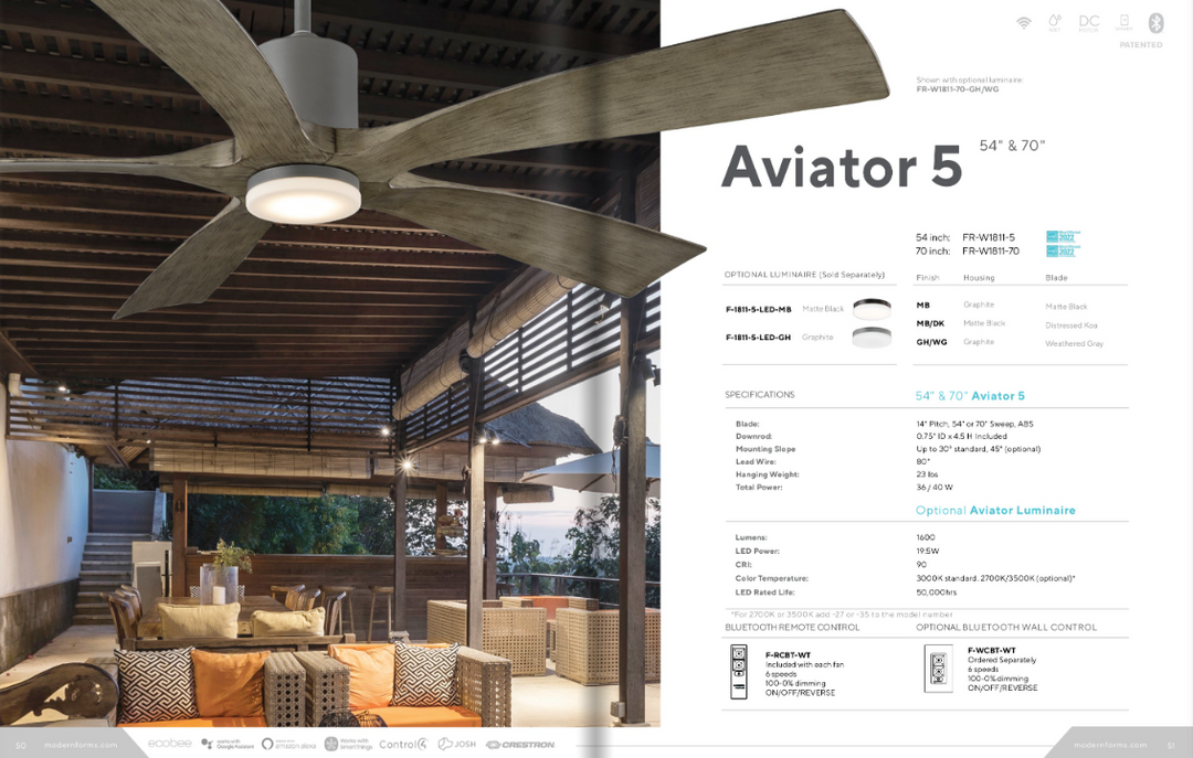 Modern Forms Fan Aviator 5 Smart Outdoor DC Ceiling Fan with 19.5W CCT LED and Remote