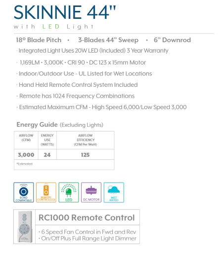 Minka Aire Skinnie DC Outdoor Ceiling Fan with 20W LED Dimmable Light and Remote Control