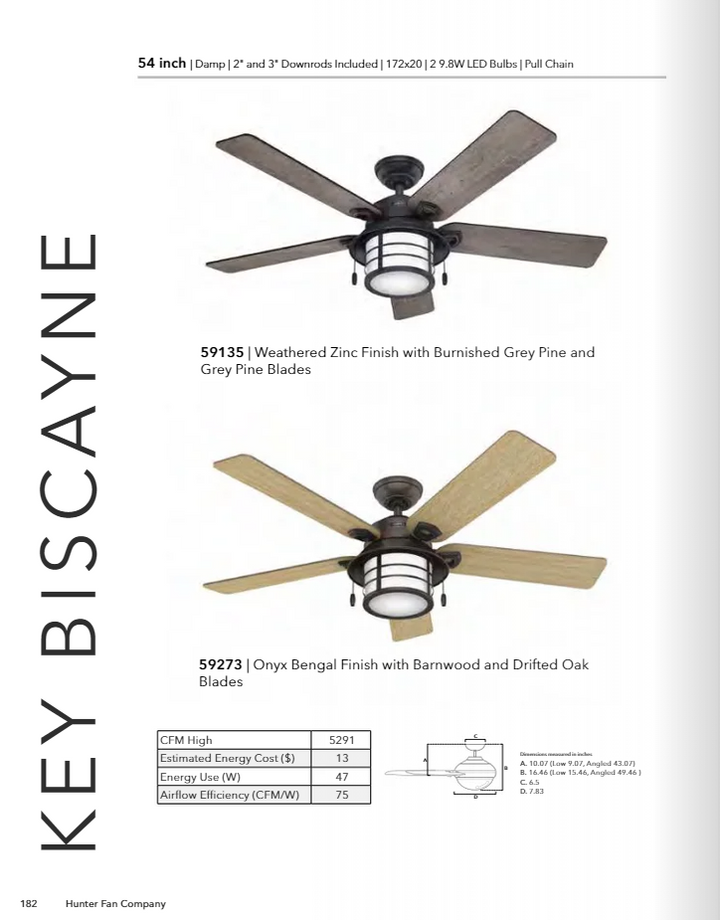 Hunter Fan Key Biscayne 54" Indoor/Outdoor Pull Chain Ceiling Fan with 18W LED