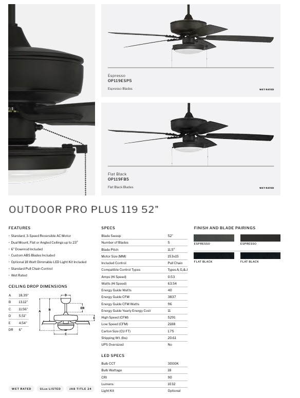 Craftmade Outdoor Pro Plus 119 52" Pull Chain Ceiling Fan with Slim 18W LED