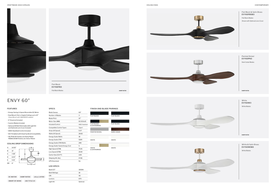 Craftmade Envy Indoor/Outdoor Smart DC Ceiling Fan with 18W LED and Remote