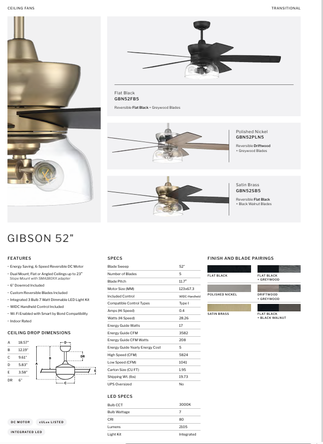 Craftmade Gibson 52" Smart DC Ceiling Fan with LED Light and Remote