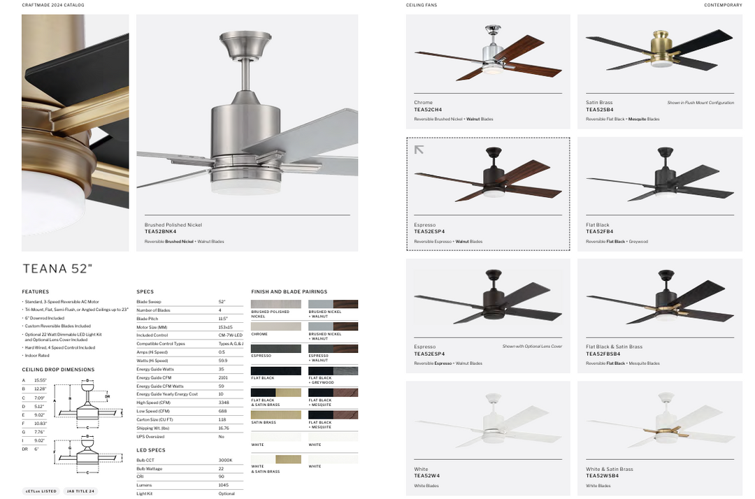 Craftmade Teana 52" Ceiling Fan with 22W LED and Wall Control