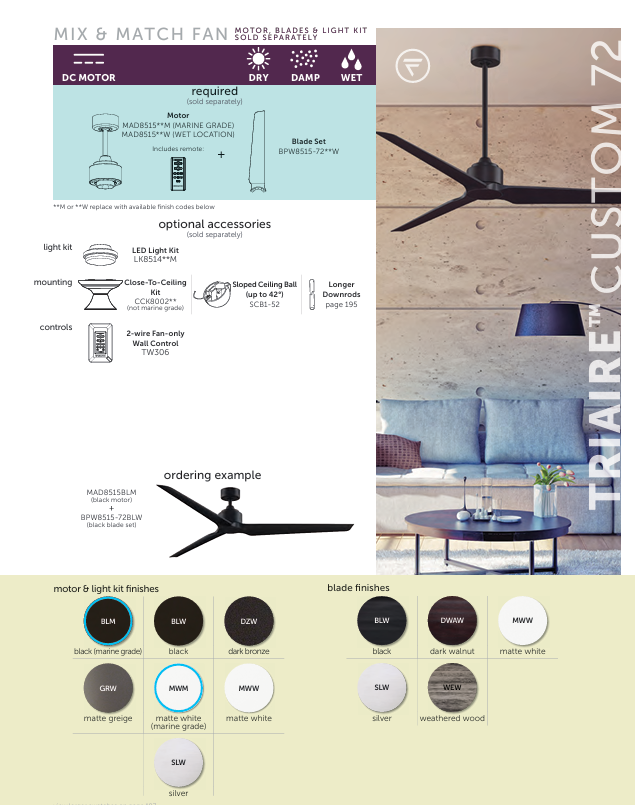 Fanimation 72" TriAire DC Indoor/Outdoor & Marine Grade Mix & Match Ceiling Fan with Remote Control