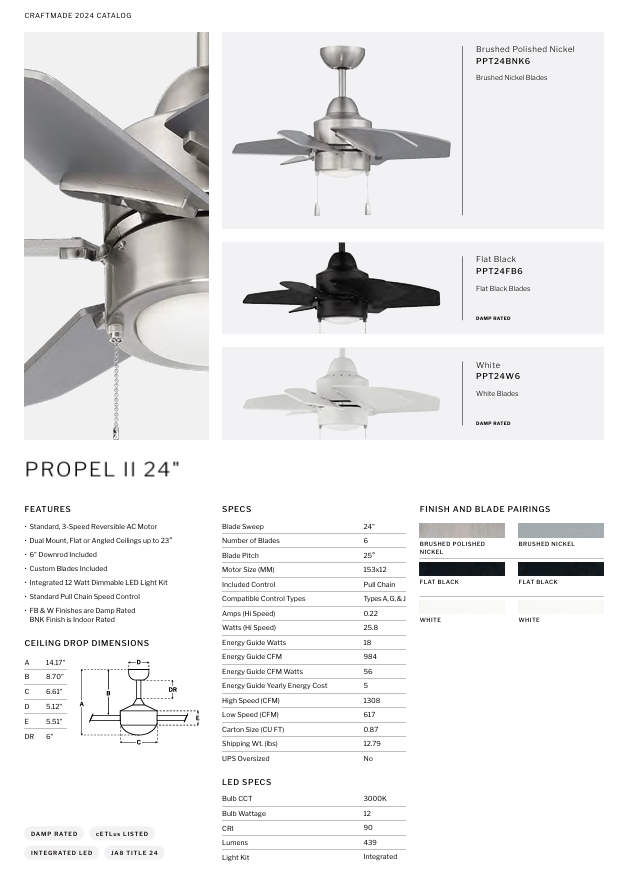 Craftmade Propel II 24" Indoor/Outdoor Pull Chain Ceiling Fan with 12W LED
