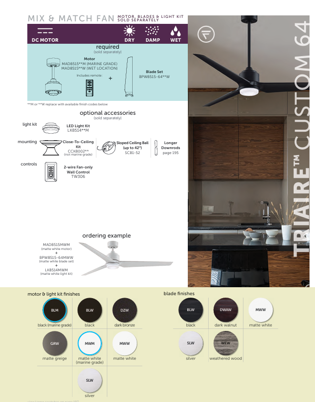 Fanimation 64" TriAire DC Indoor/Outdoor & Marine Grade Mix & Match Ceiling Fan with Remote Control