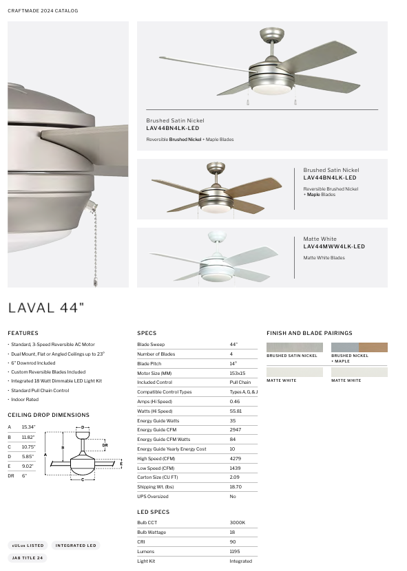 Craftmade Laval Pull Chain pullCeiling Fan with 18W Dimmable LED Light