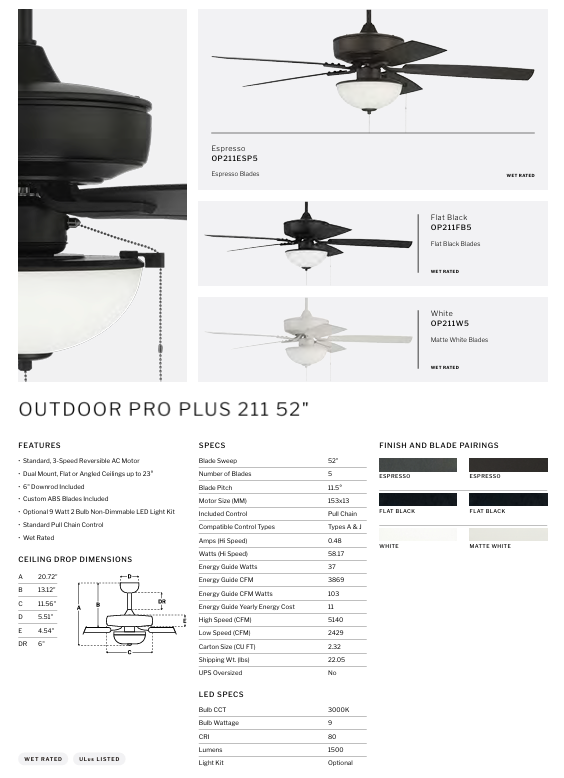 Craftmade Outdoor Pro Plus 211 52" Pull Chain Ceiling Fan with LED Light Kit