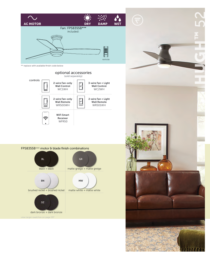 Fanimation Hugh 52" AC Indoor/Outdoor Flushmount Ceiling Fan with 18W LED Light and Remote Control