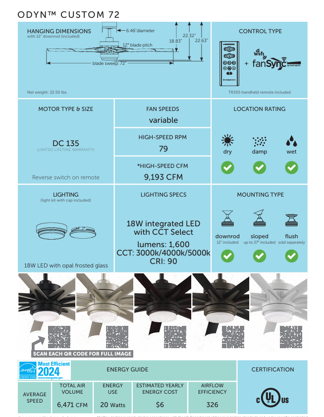Fanimation Odyn 72" DC Indoor/Outdoor Mix & Match Ceiling Fan with 18W LED Light and Remote Control
