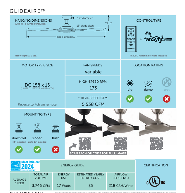 Fanimation GlideAire 52" Indoor/Outdoor DC Ceiling Fan with Remote Control