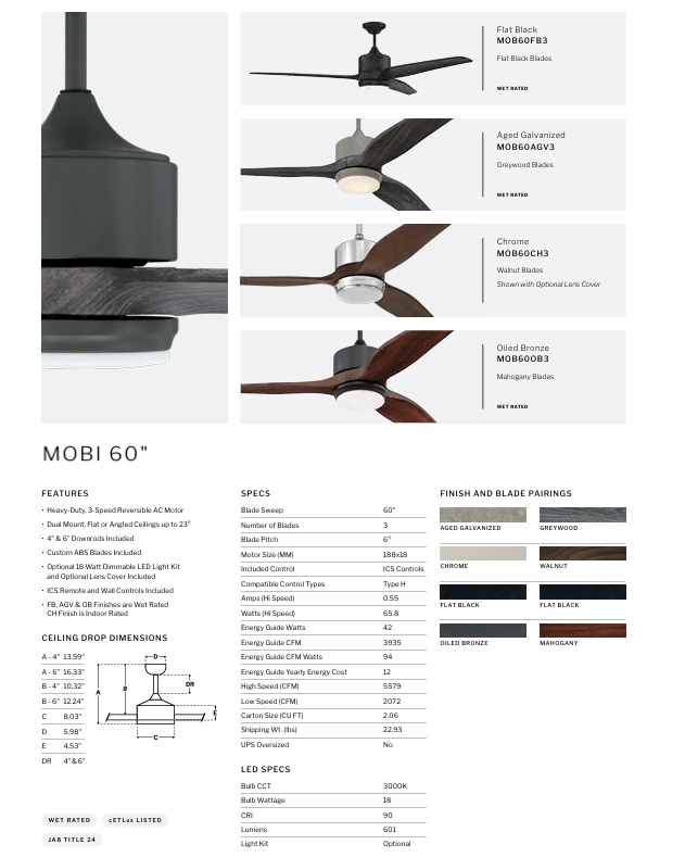 Craftmade Mobi Indoor/Outdoor 60" Ceiling Fan with 18W LED and Remote and Wall Control