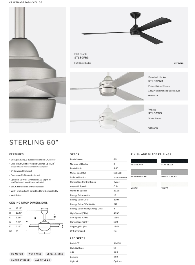 Craftmade Sterling 60" Smart Outdoor DC Ceiling Fan with 12W LED and Remote