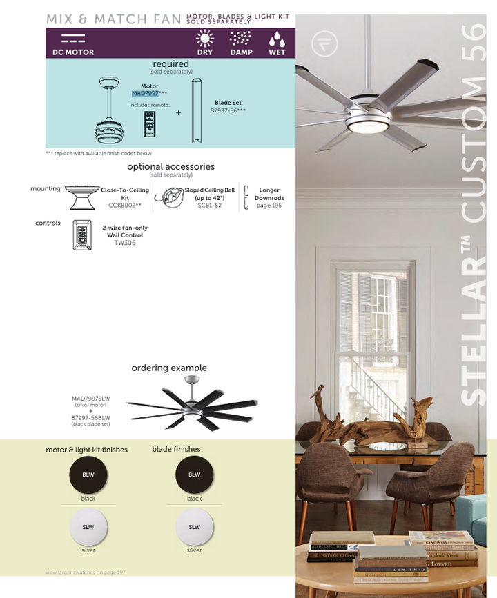 Fanimation Stellar 56" Indoor/Outdoor DC Mix & Match Ceiling Fan with 18W LED Light and Remote Control