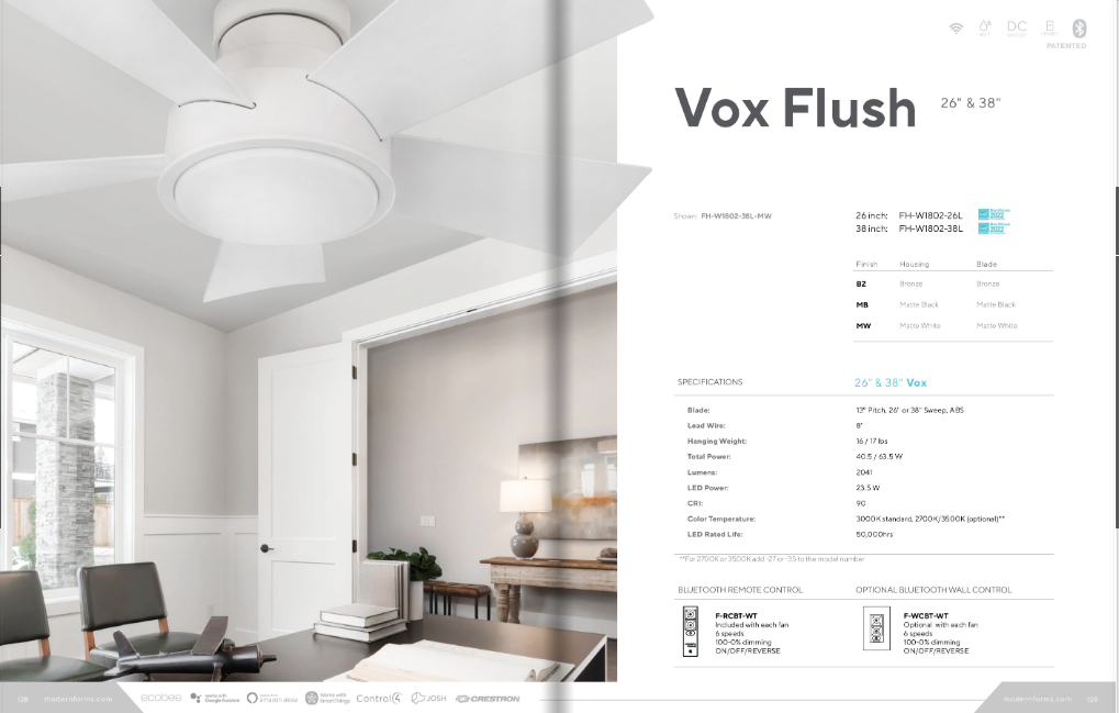 Modern Forms Fan Vox Flush Smart Outdoor DC Ceiling Fan with 23.5W CCT LED and Remote