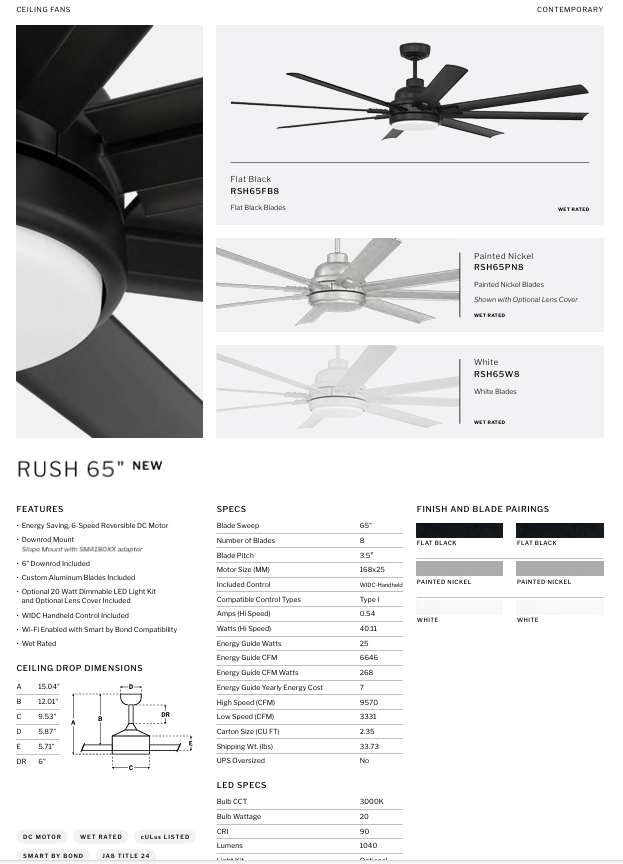 Craftmade Rush Smart Outdoor DC Ceiling Fan with 20W LED Light and Remote