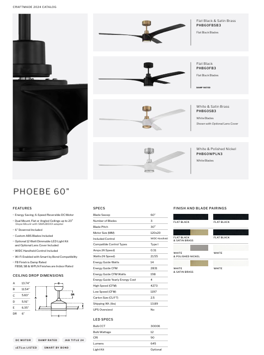 Craftmade Phoebe 60" Indoor/Outdoor Smart DC Ceiling Fan with Remote