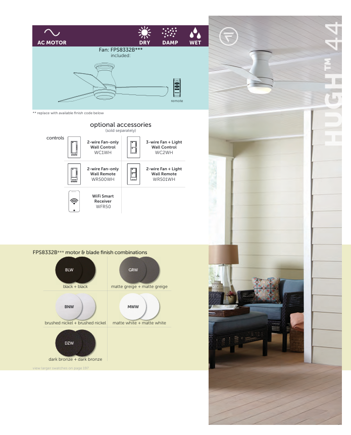 Fanimation Hugh 44" AC Indoor/Outdoor Flushmount Ceiling Fan with 18W LED Light and Remote Control