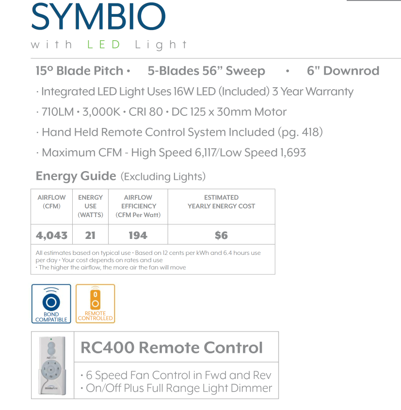 Minka Aire Symbio 56" DC Ceiling Fan with 16W LED Light and Remote control