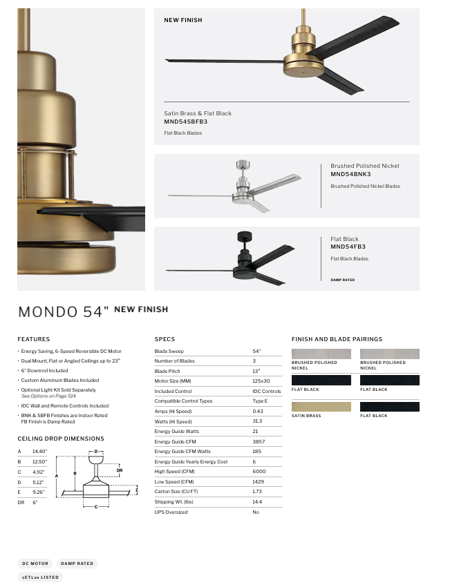 Craftmade Mondo 54" Indoor/Outdoor DC Ceiling Fan with Remote and Wall Control