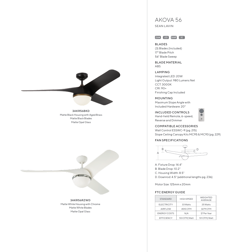 Visual Comfort Akova 56" Indoor/Outdoor DC Ceiling Fan with 20W LED Light plus Remote