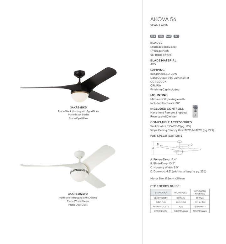 Visual Comfort Akova 56" Indoor/Outdoor DC Ceiling Fan with 20W LED Light plus Remote