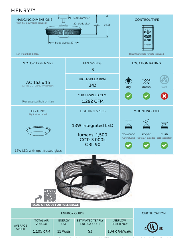 Fanimation Henry 20" Fandelier with 18W LED Light and Remote Control