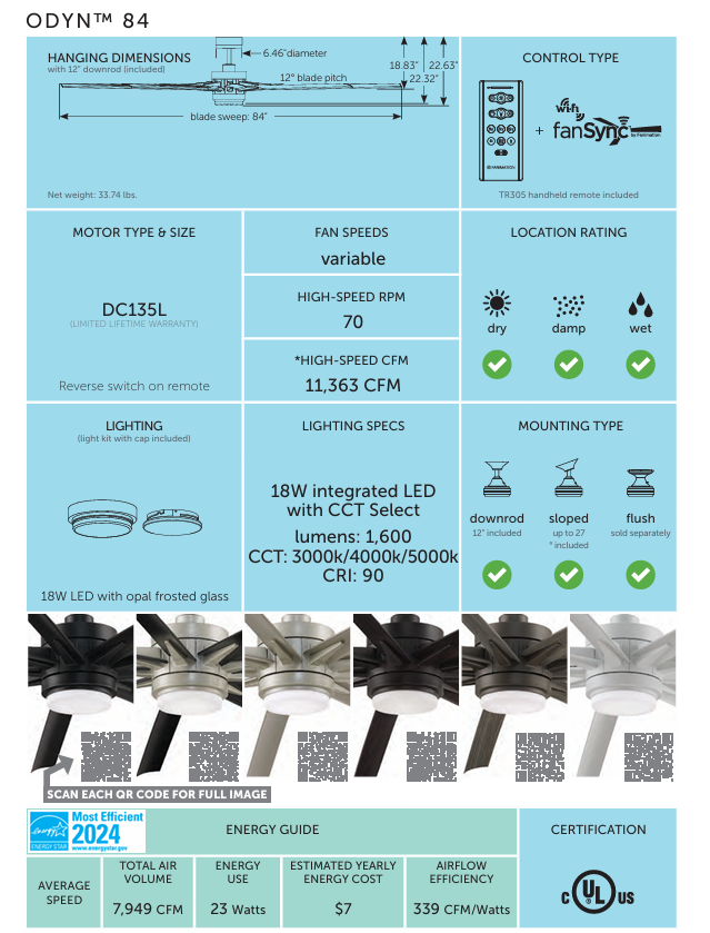Fanimation Odyn 84" Indoor/Outdoor DC Ceiling Fan with 18W LED Light and Remote Control