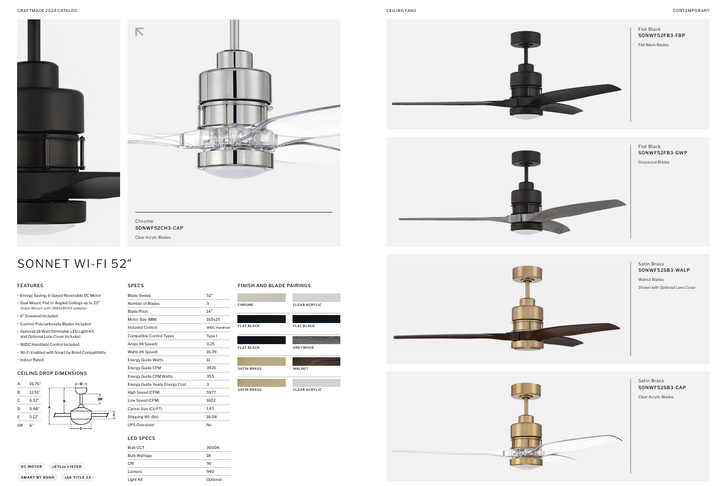 Craftmade Sonnet WiFi Smart DC Ceiling Fan with 18W LED and Remote